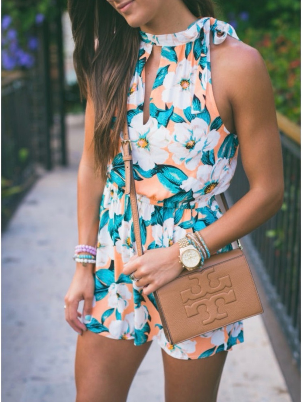 MINKPINK Floral Halter Romper Size Small Peach Tropical Floral Tie Neck